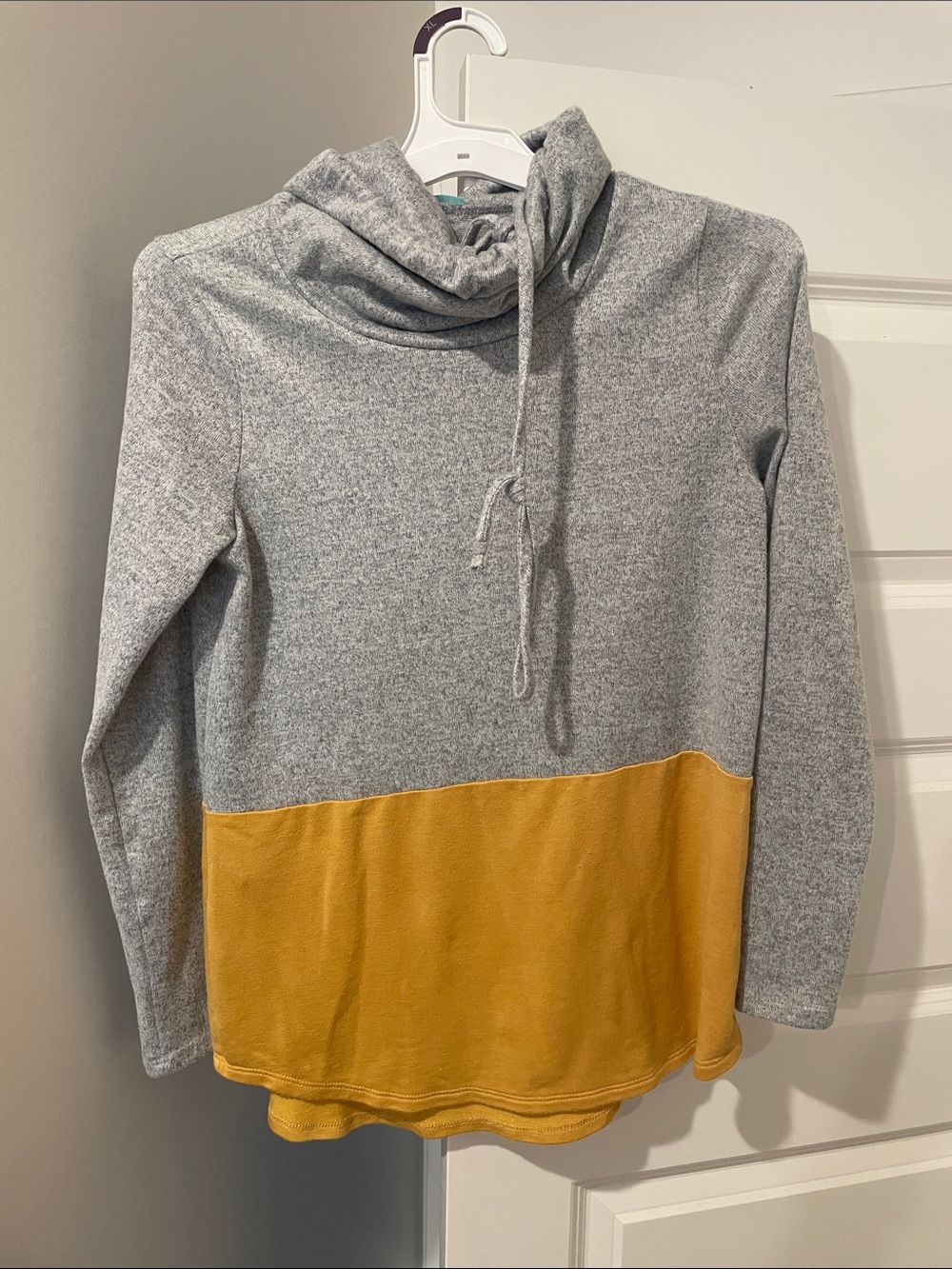 Cozy Gray and Mustard Colorblock Cowl-Neck Sweater